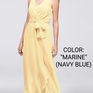 David's Bridal Chiffon Ruffle-Trim Faux-Wrap Bridesmaid Dress in Marine
